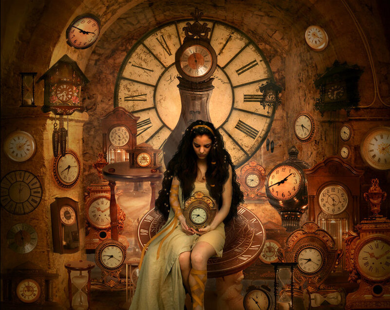 Woman Surrounded by Clocks