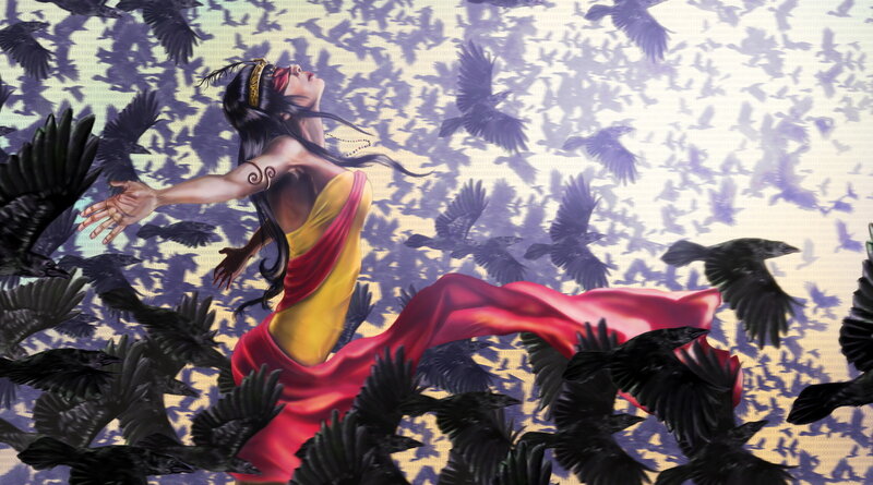 Woman Surrounded by Crows — Red