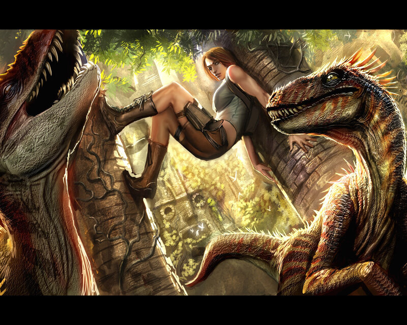 Woman surrounded by dinosaurs