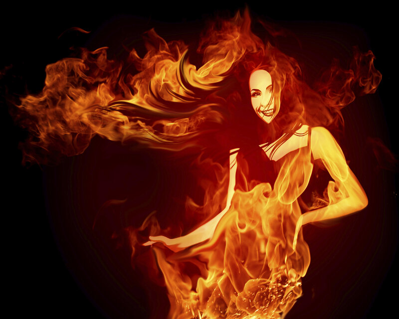 Woman Surrounded by Fire — Dramatic