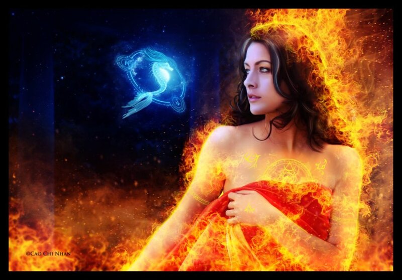 Woman Surrounded by Fire — Orange, Dramatic, Night