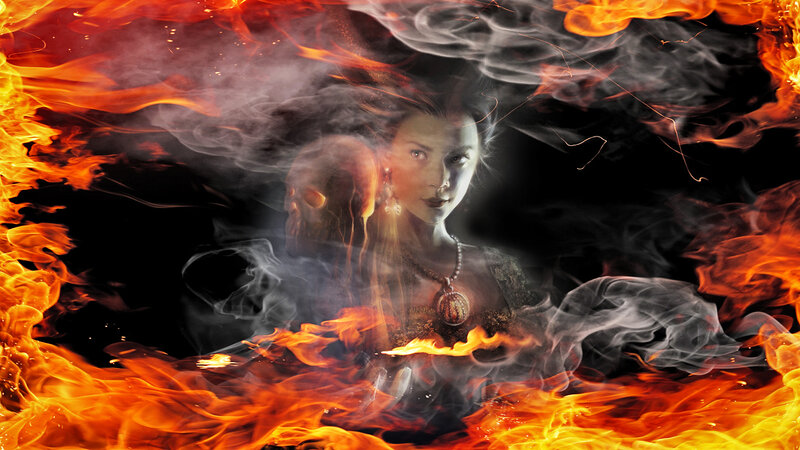 Woman Surrounded by Fire — Orange, Dramatic