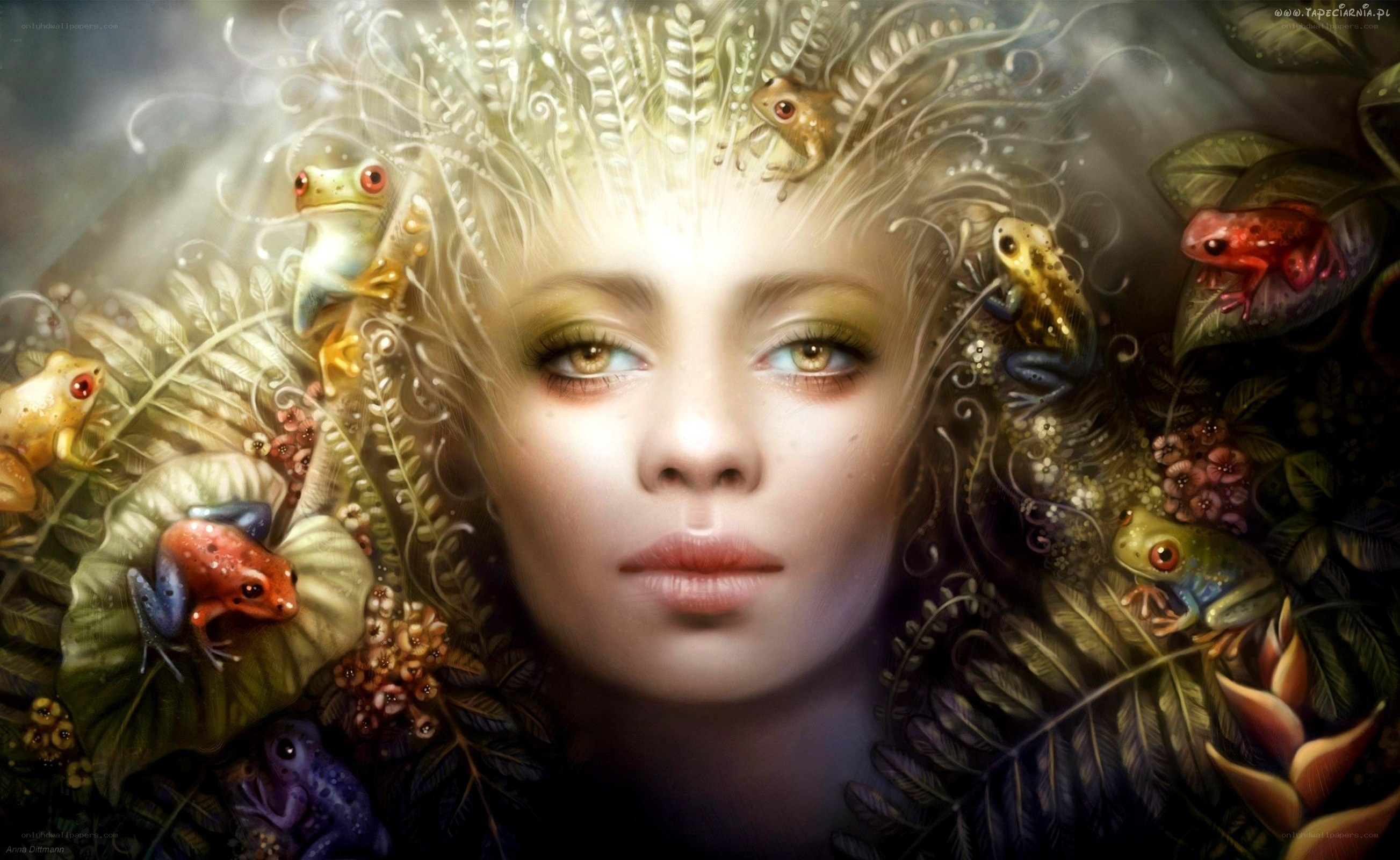 woman surrounded by frogs