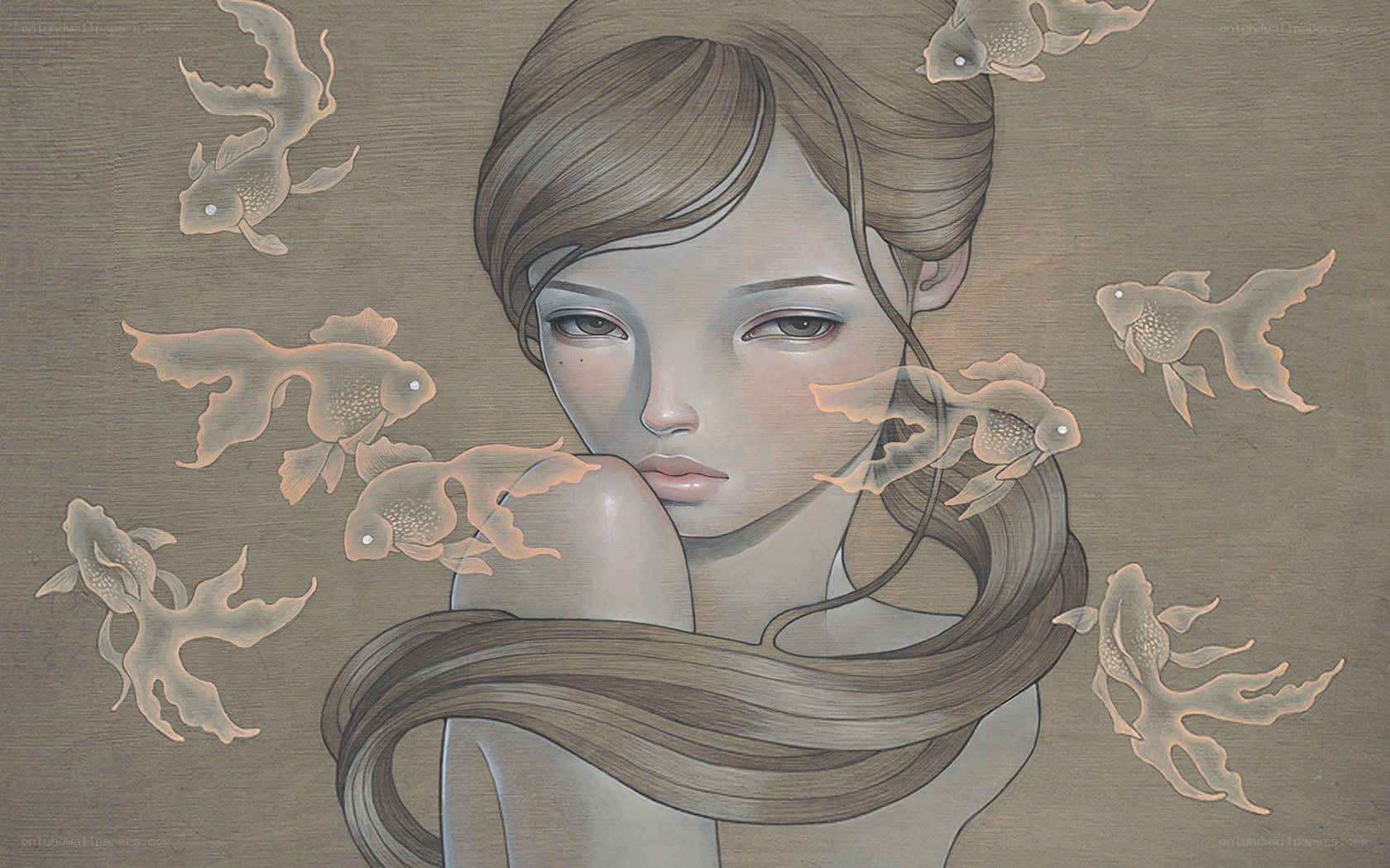 woman surrounded by goldfish