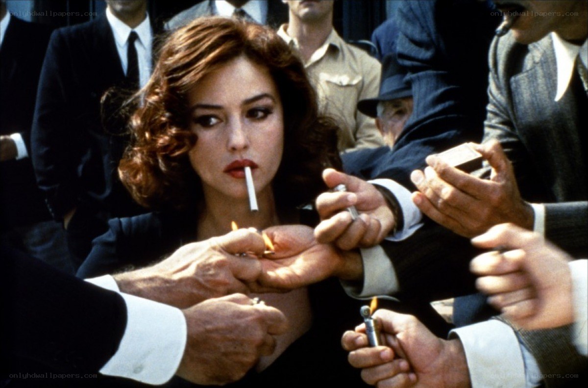 Woman surrounded by hands with cigarettes