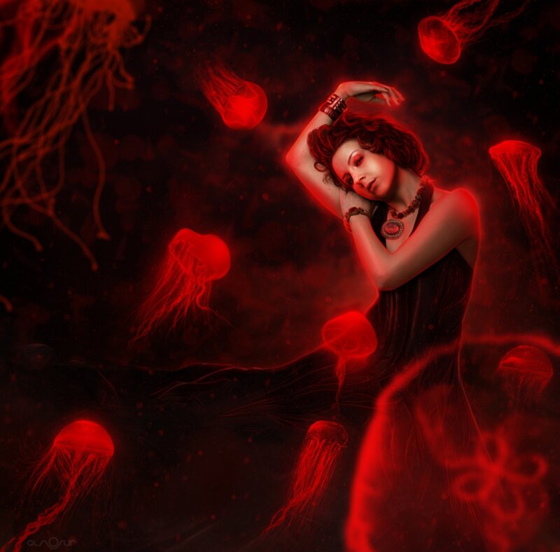 Woman Surrounded by Jellyfish — Red