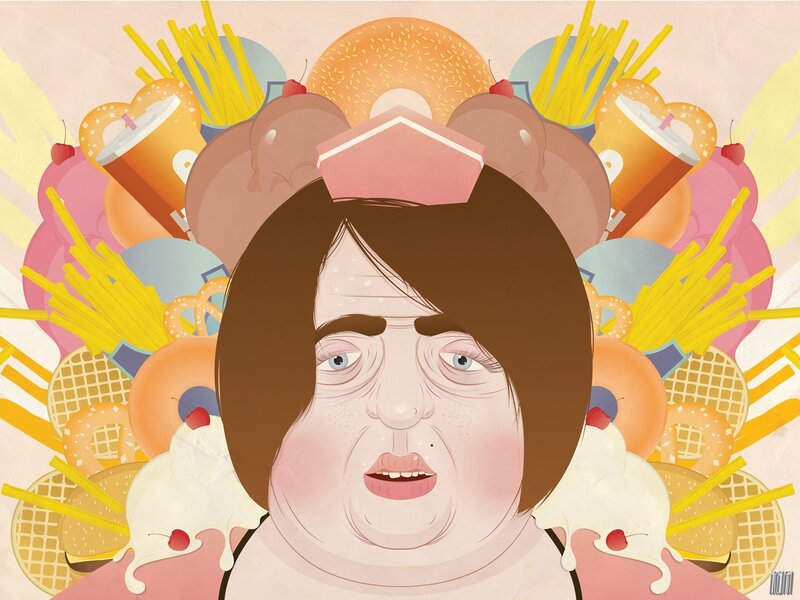 woman surrounded by junk food