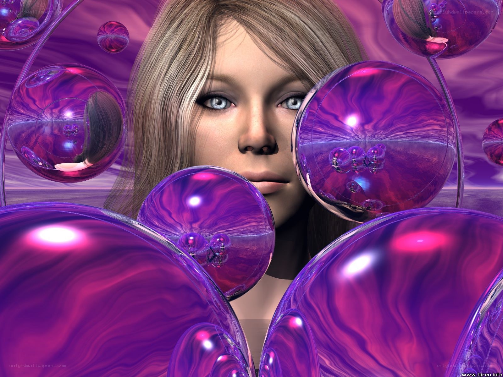 woman surrounded by purple bubbles