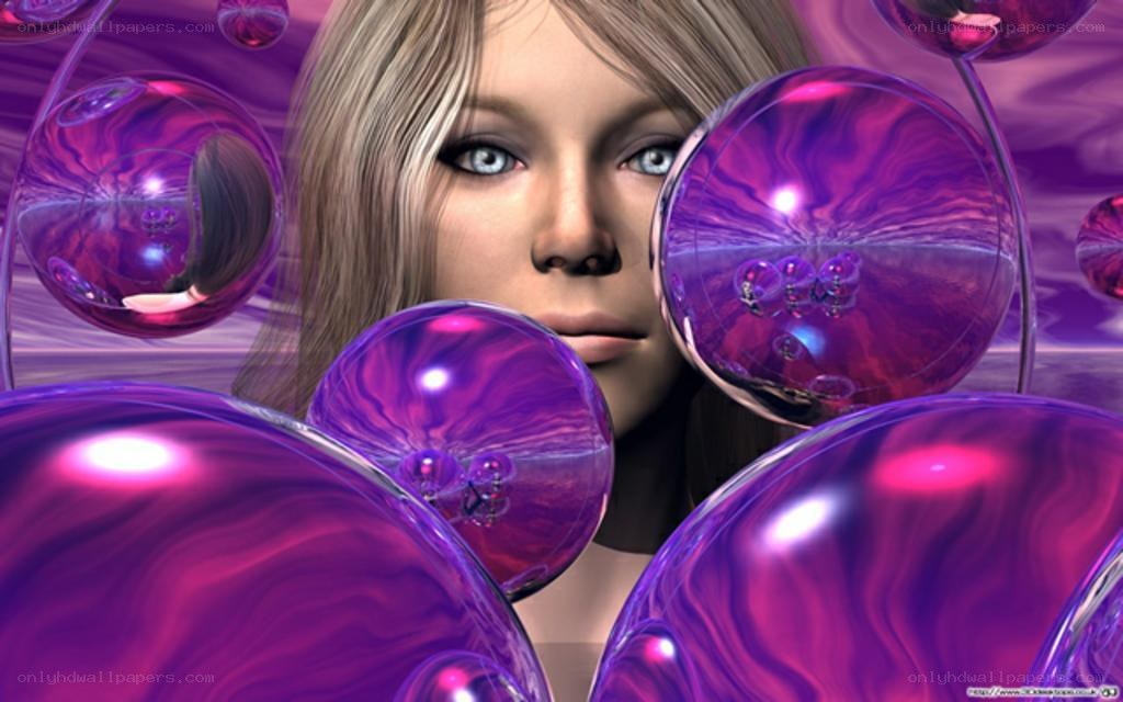 woman surrounded by purple bubbles