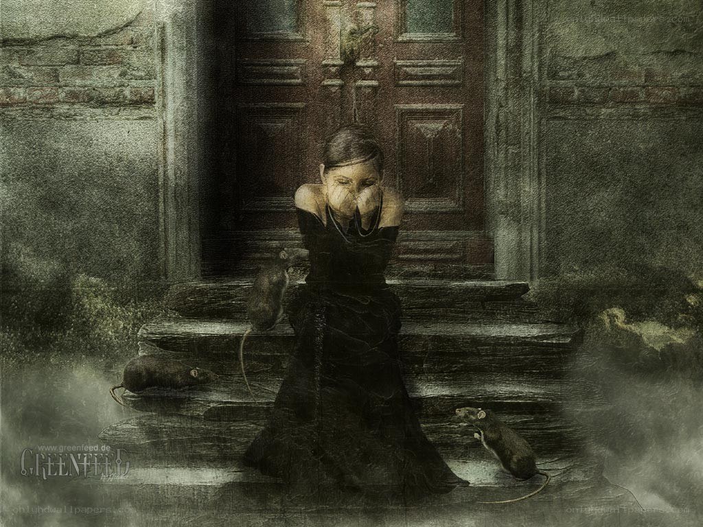 woman surrounded by rats on steps
