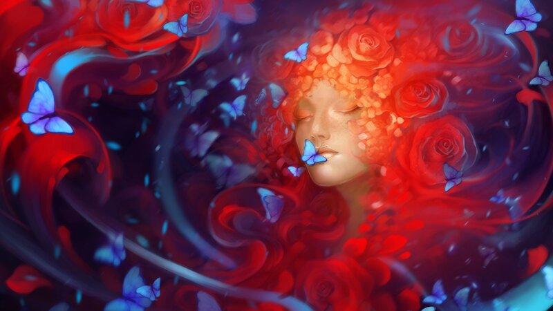 woman surrounded by roses and butterflies