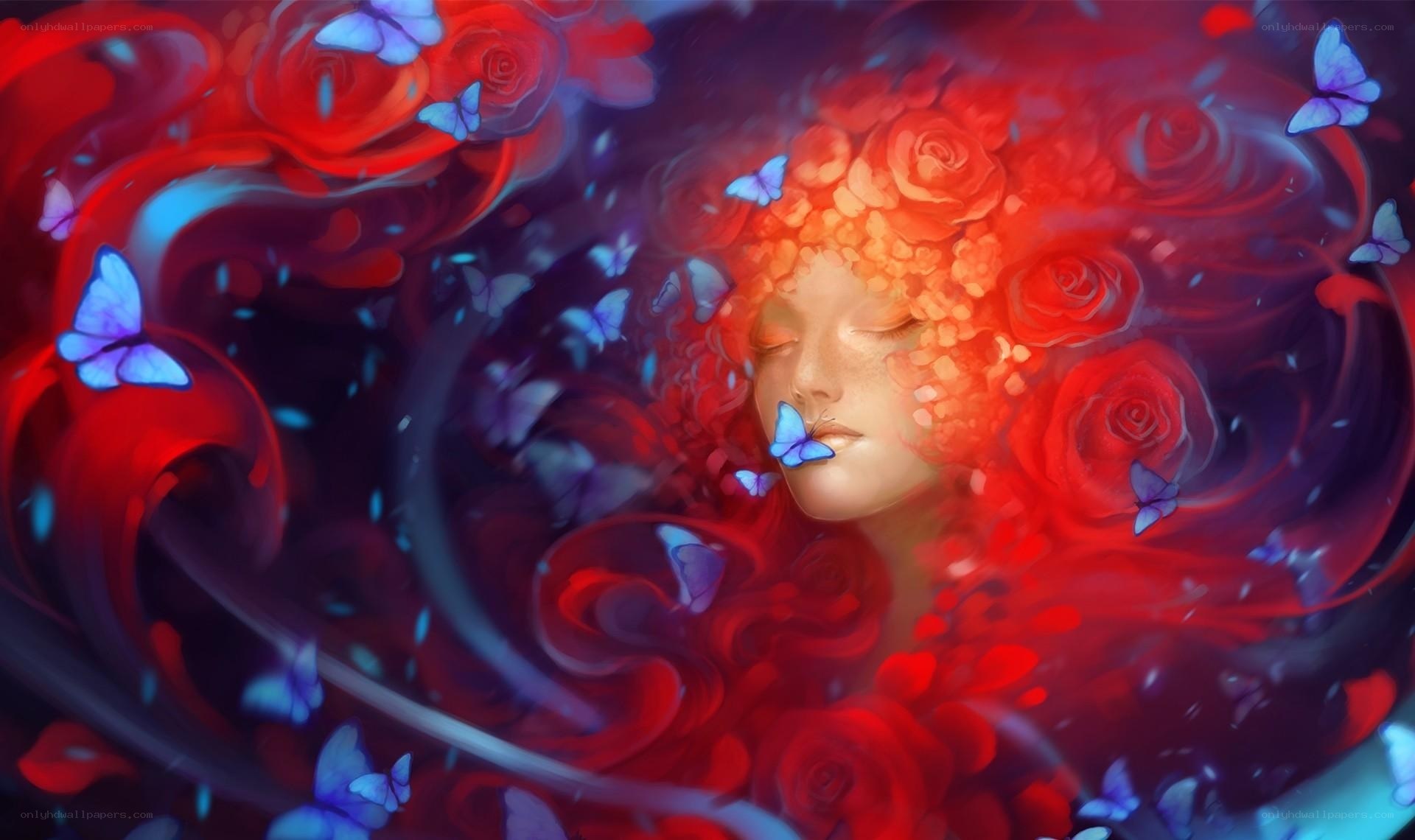 woman surrounded by roses and butterflies