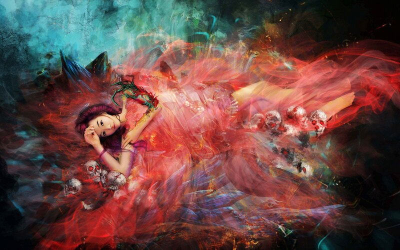 woman surrounded by skulls and red energy