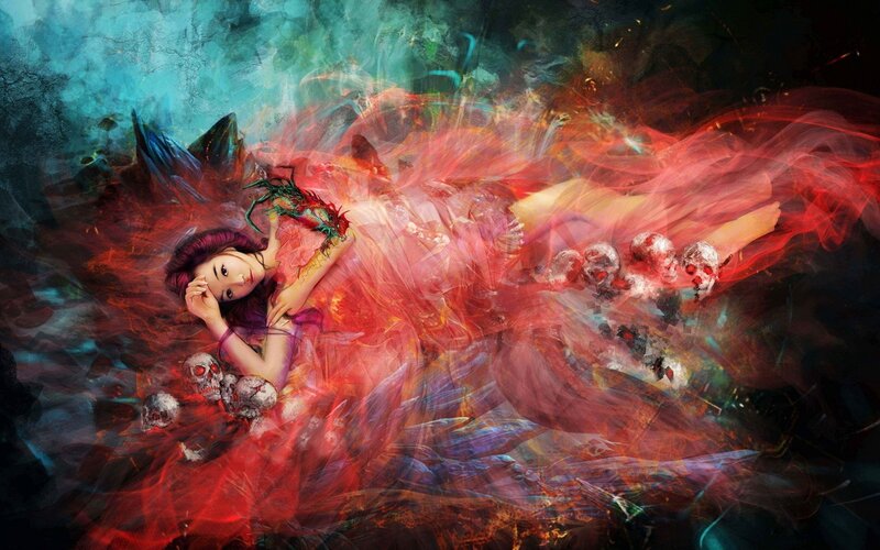 Woman Surrounded by Skulls — Red, Dramatic, Digital Art