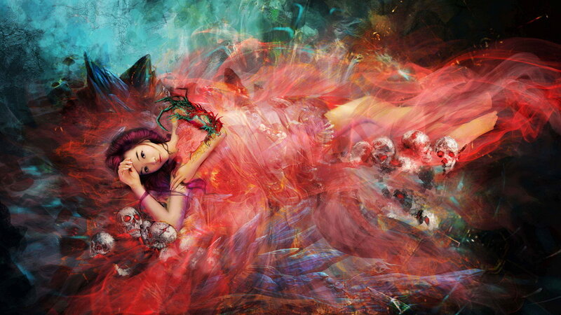 Woman Surrounded by Skulls — Red