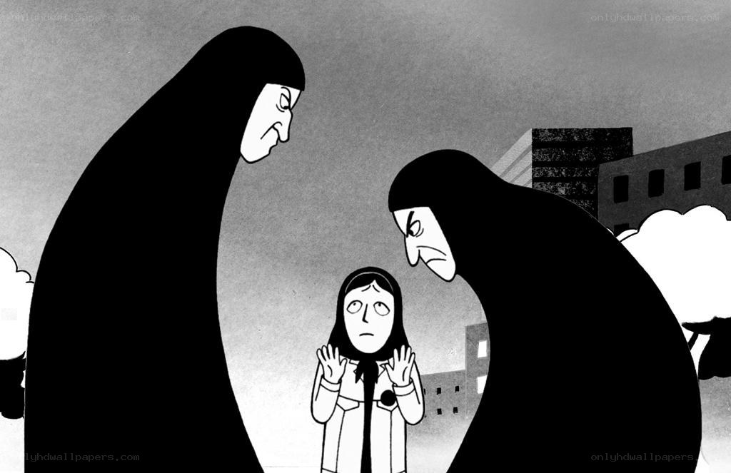 woman surrounded by two figures