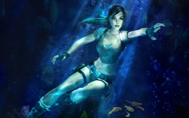 Woman Swimming Underwater — Blue, Dramatic, Digital Art, Bubbles
