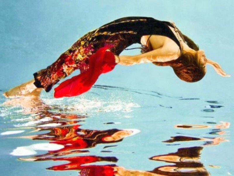 Woman Swimming Underwater — Blue, Serene, Photograph, Red Fabric