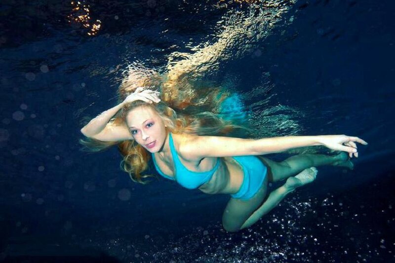 Woman Swimming Underwater — Blue, Serene, Photograph, Swimsuit, Hair