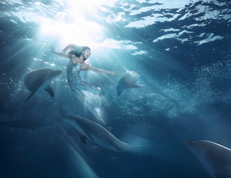 Woman Swimming with Dolphins — Blue