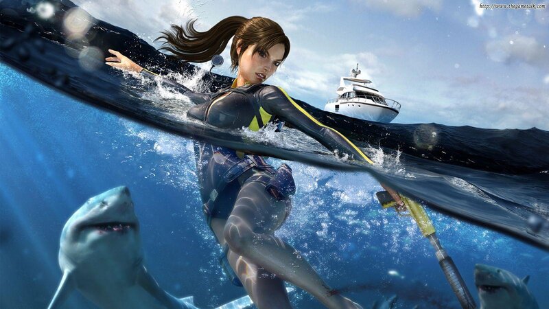 Woman Swimming with Sharks — Blue