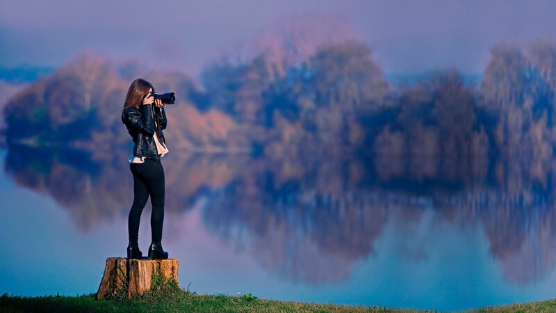 Woman Taking Photo — Blue, Serene