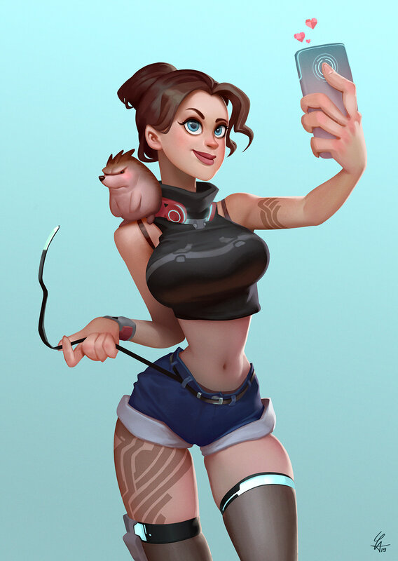 Woman Taking Selfie — Blue, Playful, Digital Art