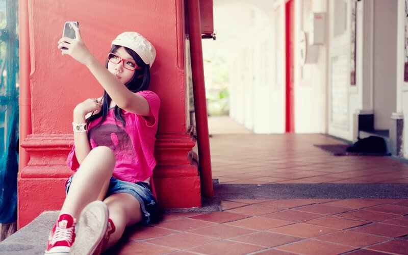 Woman Taking Selfie — Red, Casual