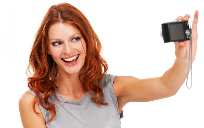 Woman Taking Selfie — Red, Happy