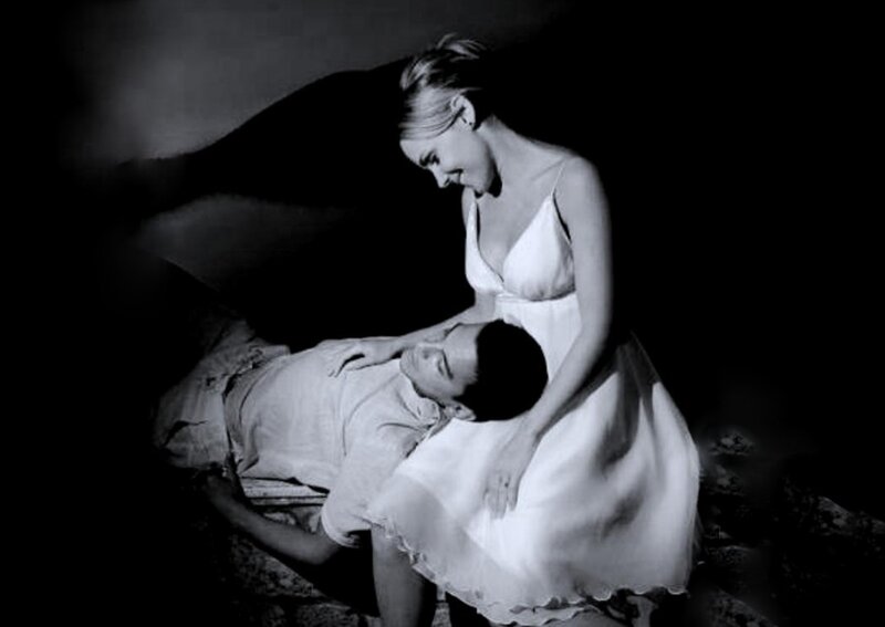 Woman Tending to Man — Black, Dramatic