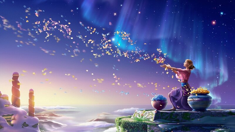 Woman Throwing Petals — Purple, Serene, Night, Digital Art, Bowl