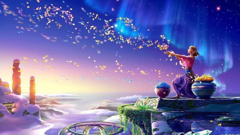 Woman Throwing Petals — Purple, Serene, Night