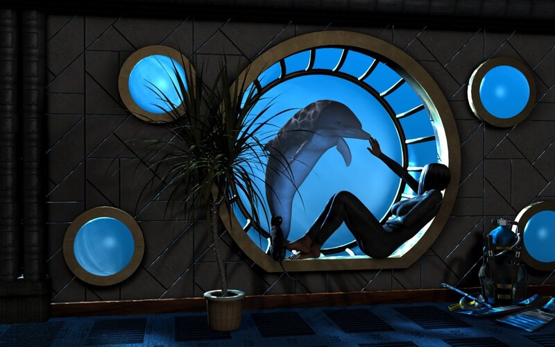 Woman Touching Dolphin — Blue