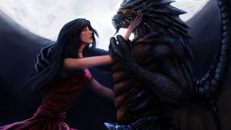 Woman Touching Dragon — Black, Dramatic