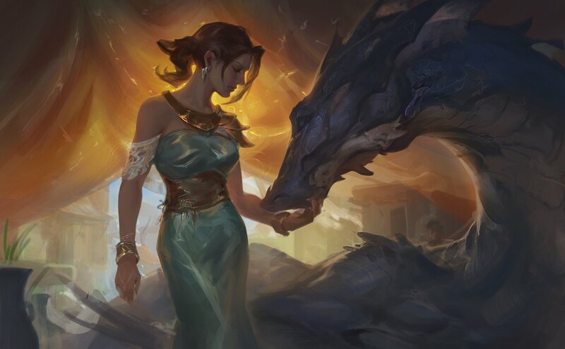 Woman Touching Dragon — Blue, Dramatic, Sunset