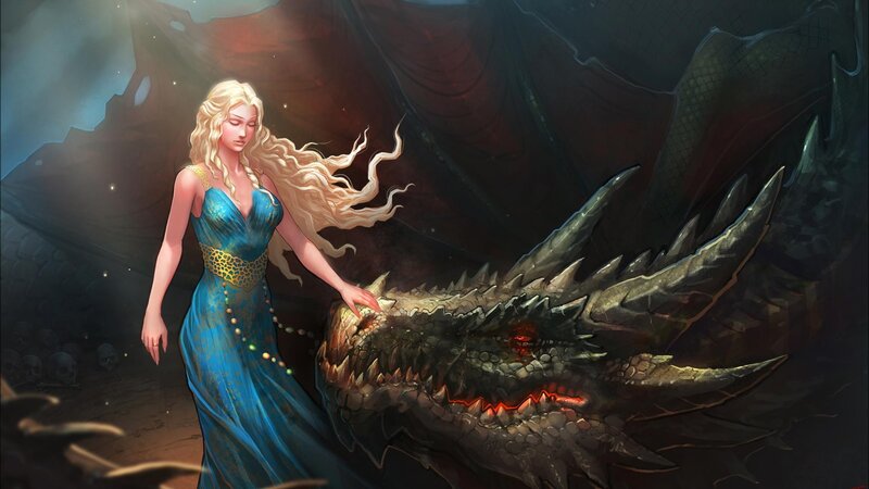 Woman Touching Dragon — Blue, Dramatic