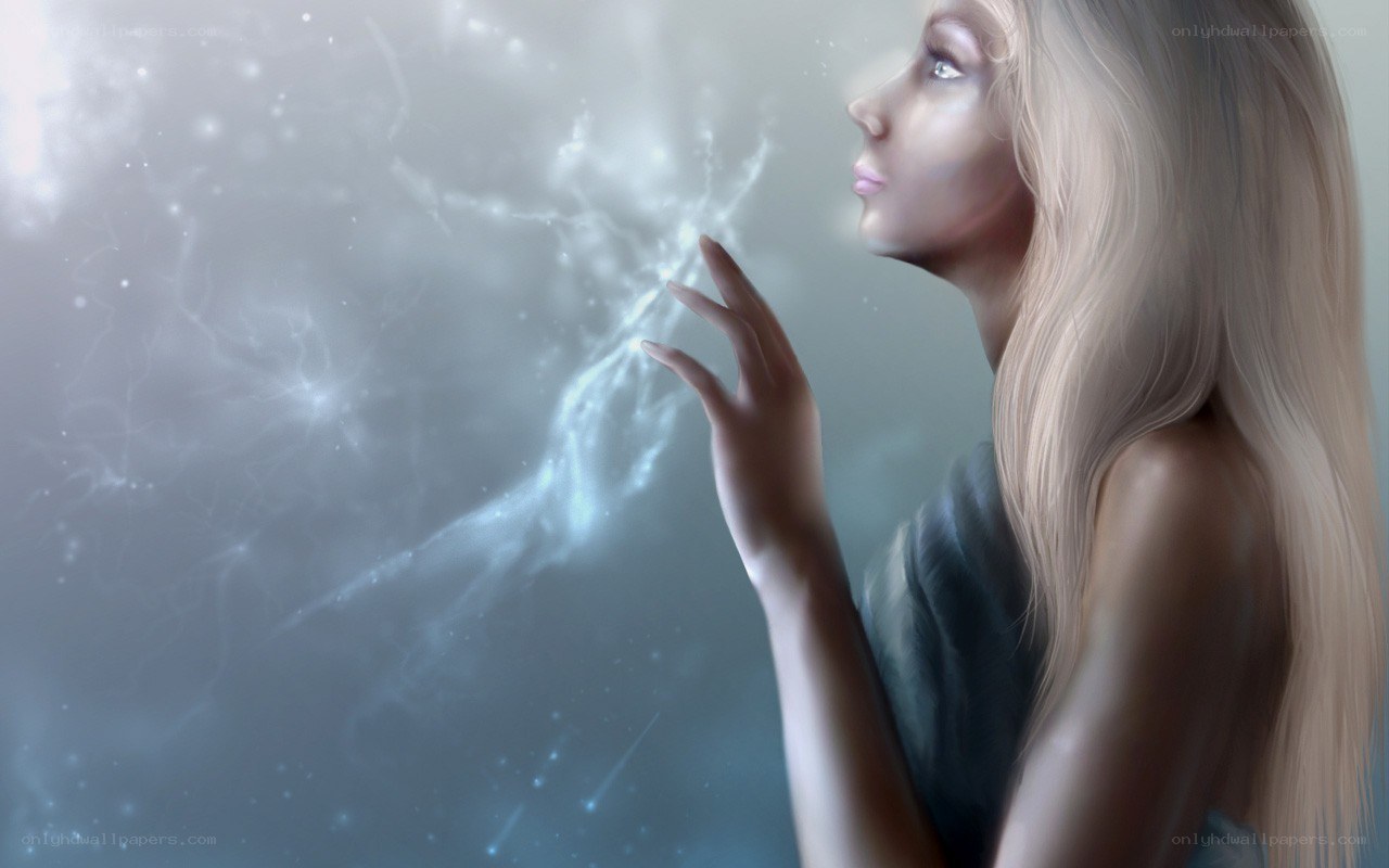 woman touching ethereal light