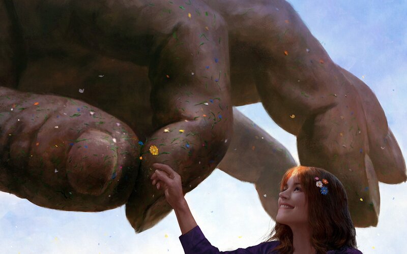 Woman Touching Giant Hand