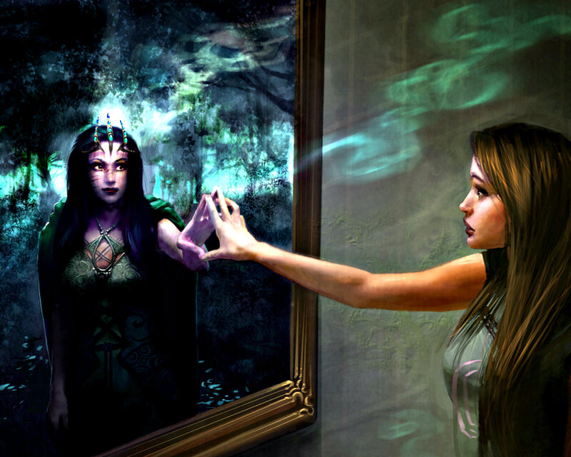 Woman Touching Mirror — Green, Dramatic