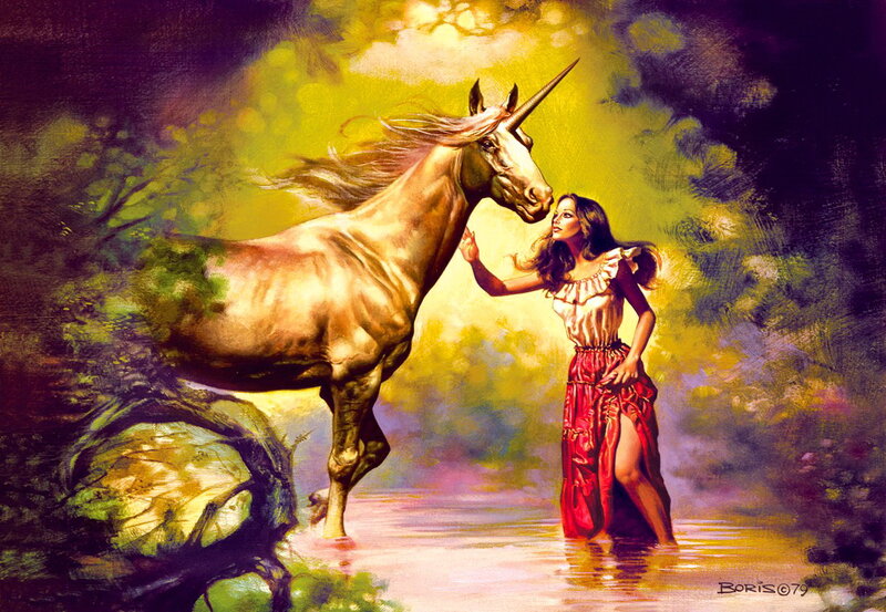 Woman Touching Unicorn — Yellow, Serene