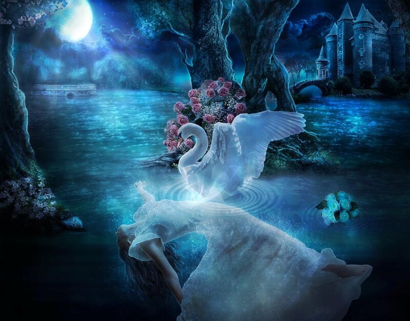 Woman Transforming into Swan — Blue
