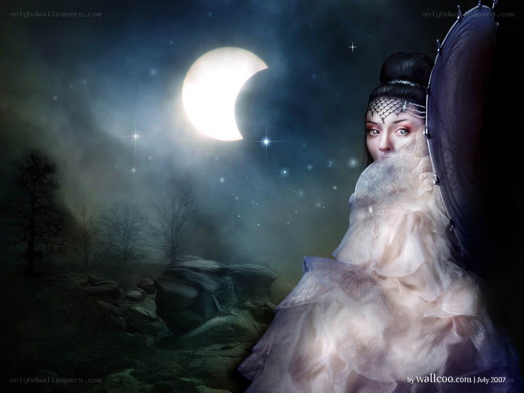 woman under a crescent moon