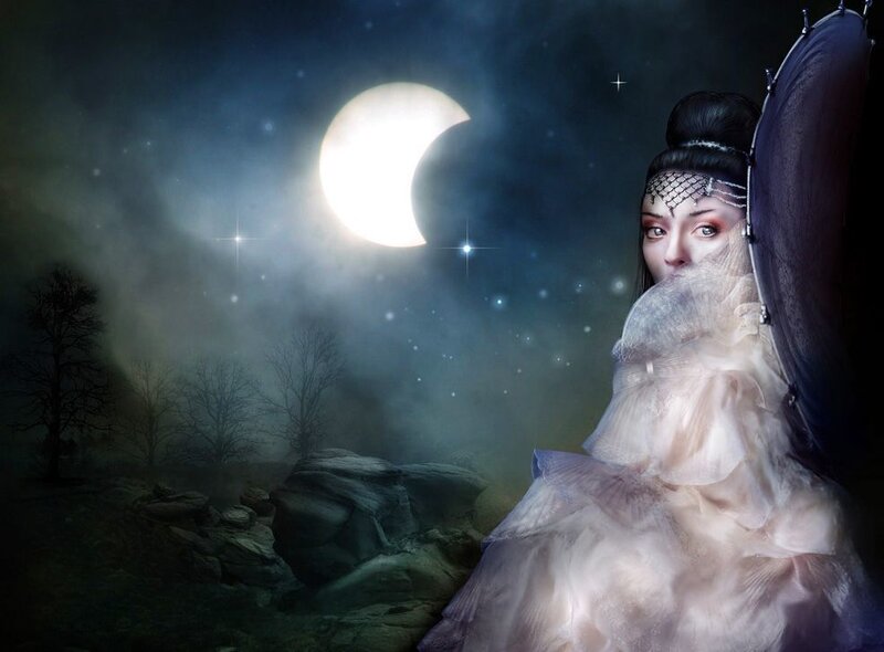 woman under a crescent moon