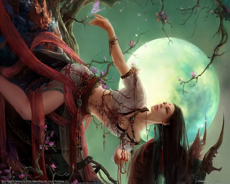 Woman under a full moon