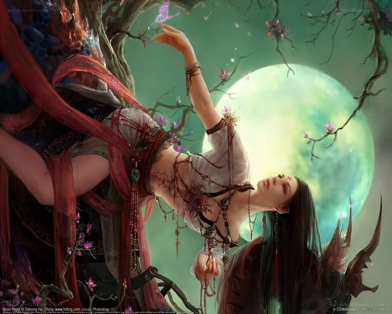 Woman under a full moon