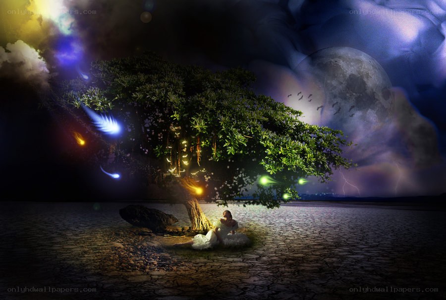 woman under a glowing tree