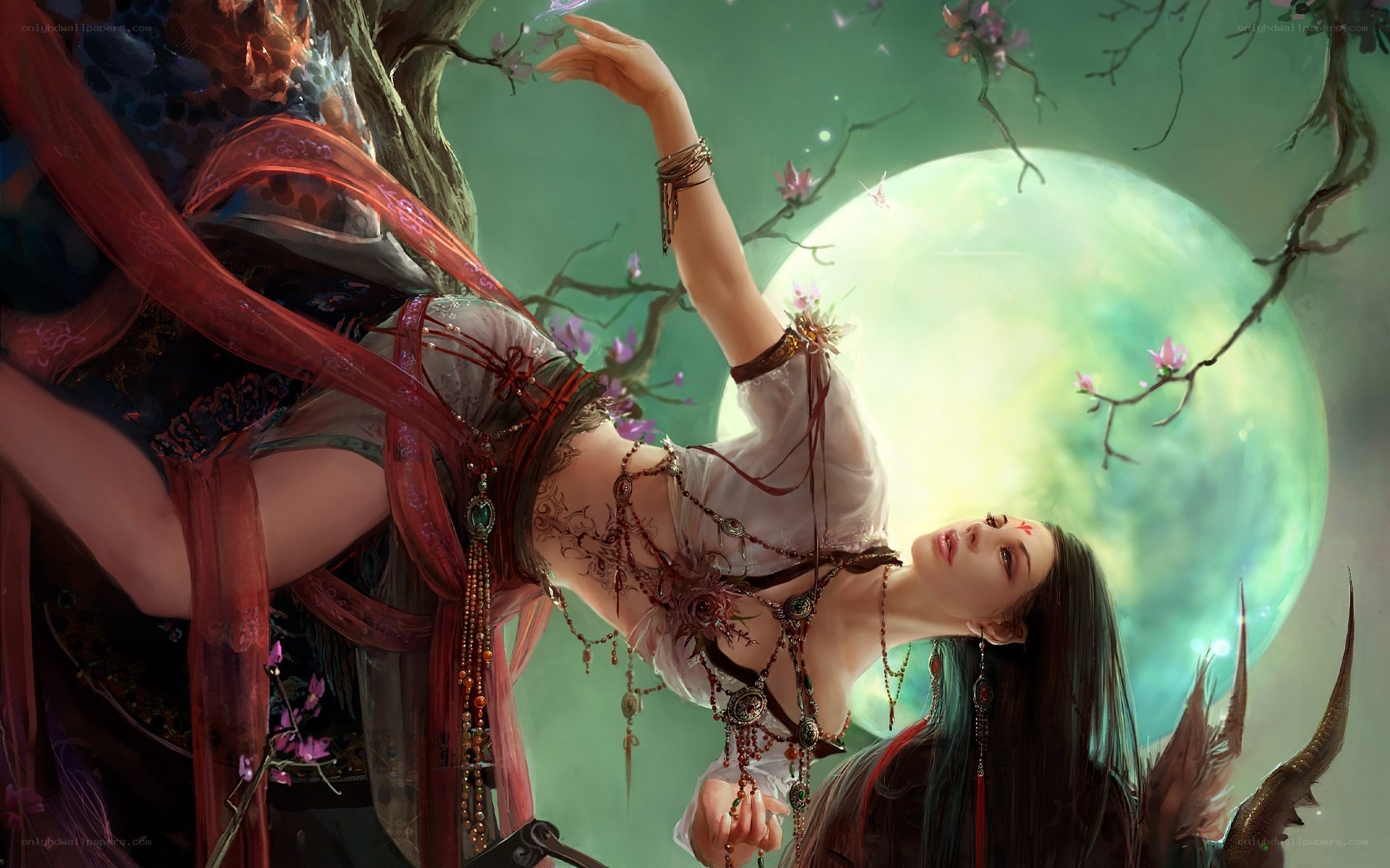 Woman under a green moon