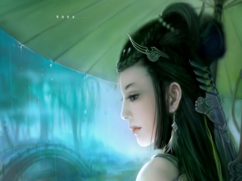 woman under a green umbrella