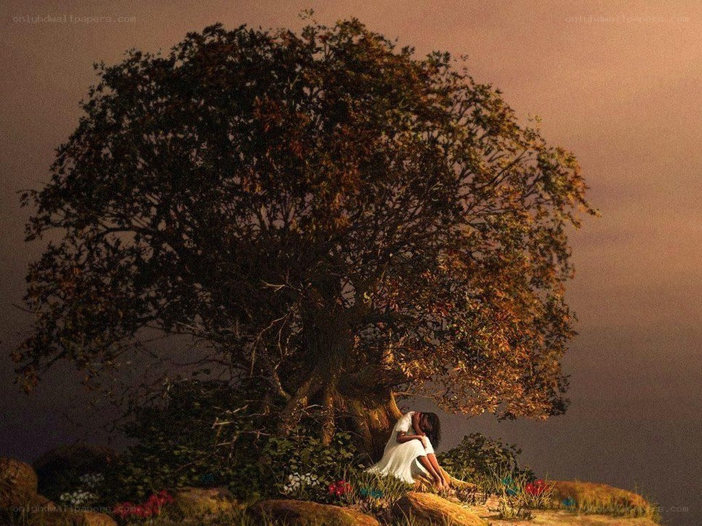 woman under a large tree