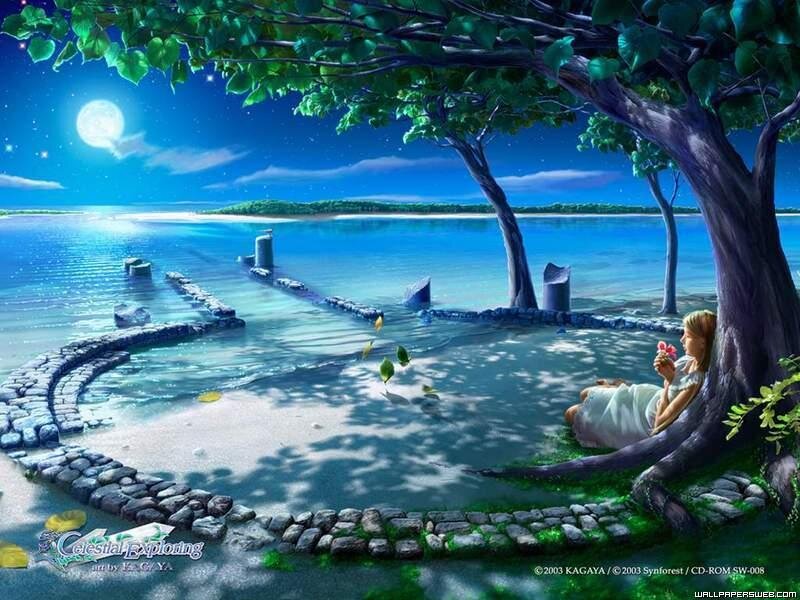 Woman under a tree by the sea